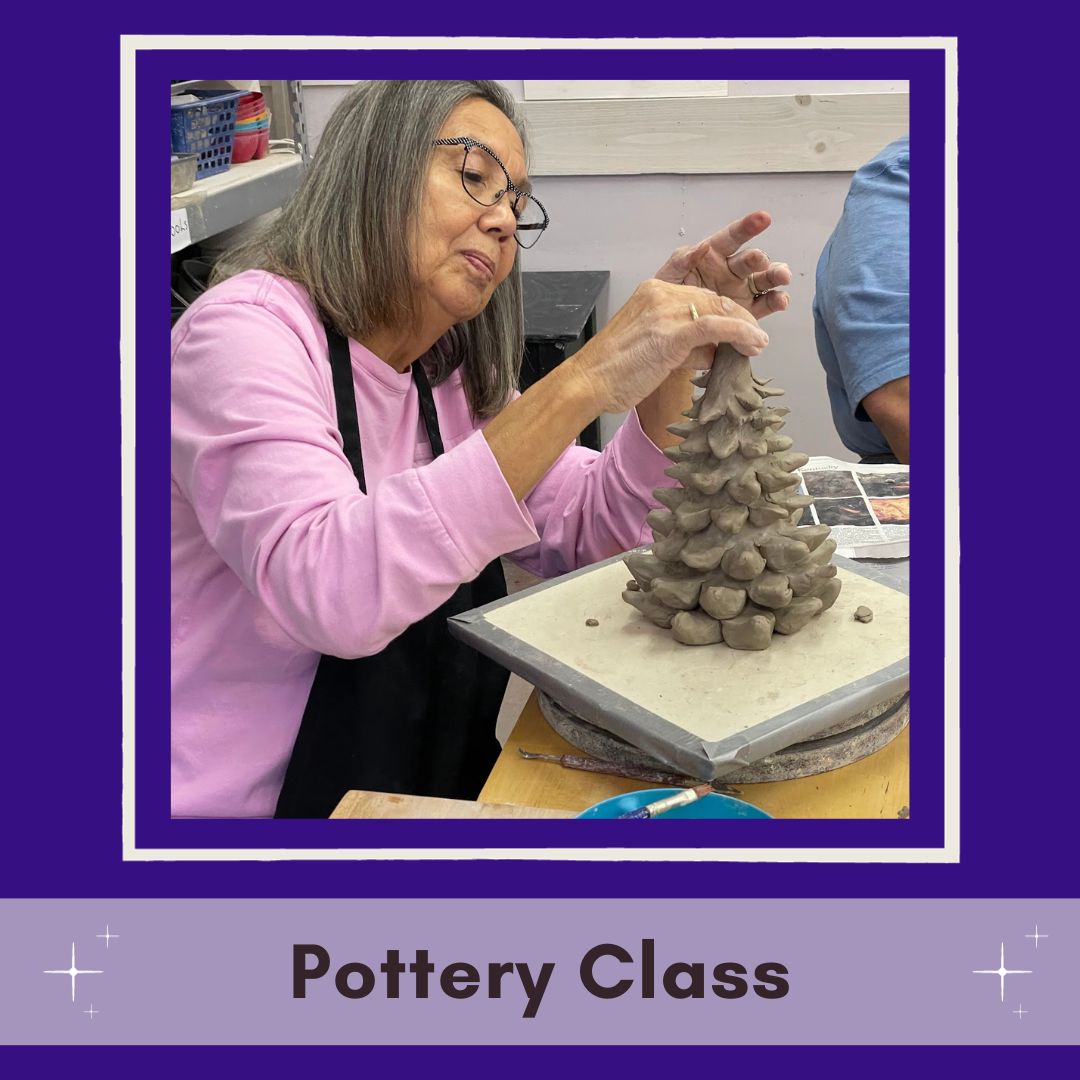 pottery student working on a ceramic christmas tree